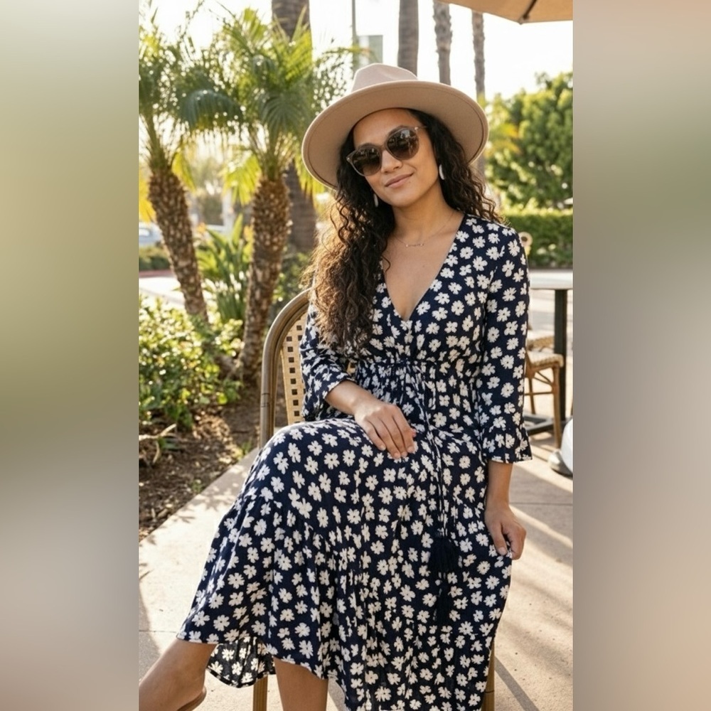 J.Crew Navy Floral Midi Dress Boho Tie Waist Flowy Cottagecore Size M